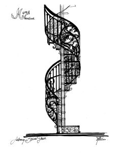 Hand-drawn sketch of a metal spiral staircase