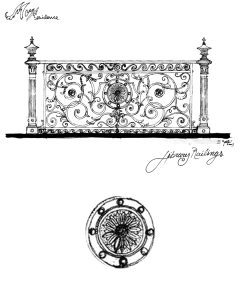 Hand-drawn sketch of a metal balcony railing and a rosette